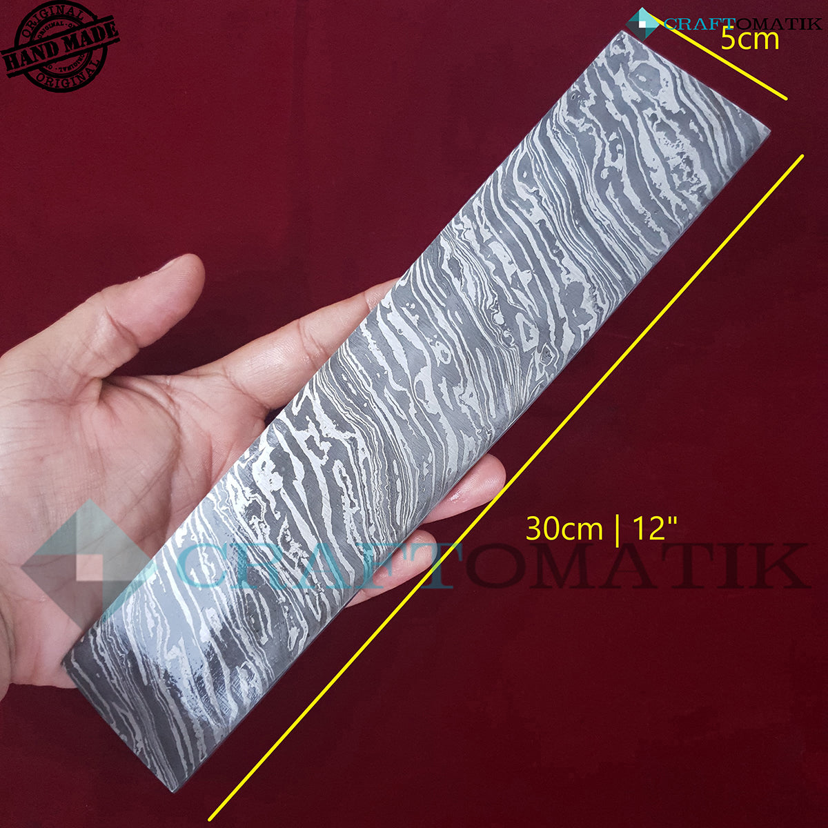 Damascus Steel Bar | Raw Damascus Plate | 1095 + 15N20 Damascus steel | 30 cm - 12” | FIRE pattern - DB01