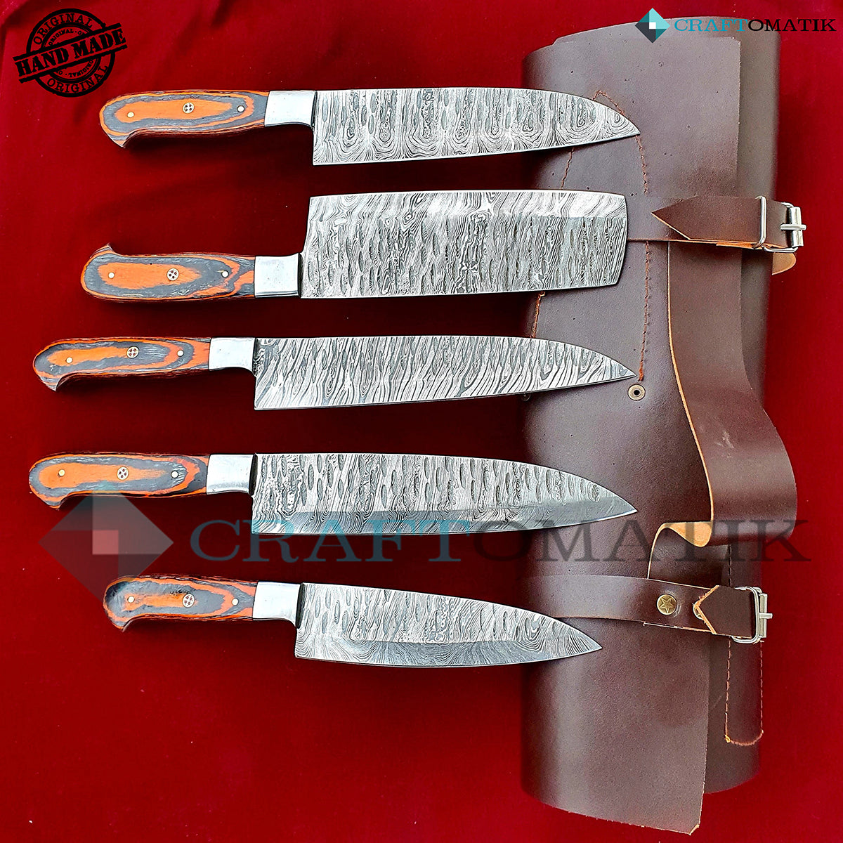 Damascus Chef Knife Set | Kitchen knives Set Camping Grill Cutlery Gift set with Leather Roll Bag | Damascus Steel 1095 + 15N20 | KK01