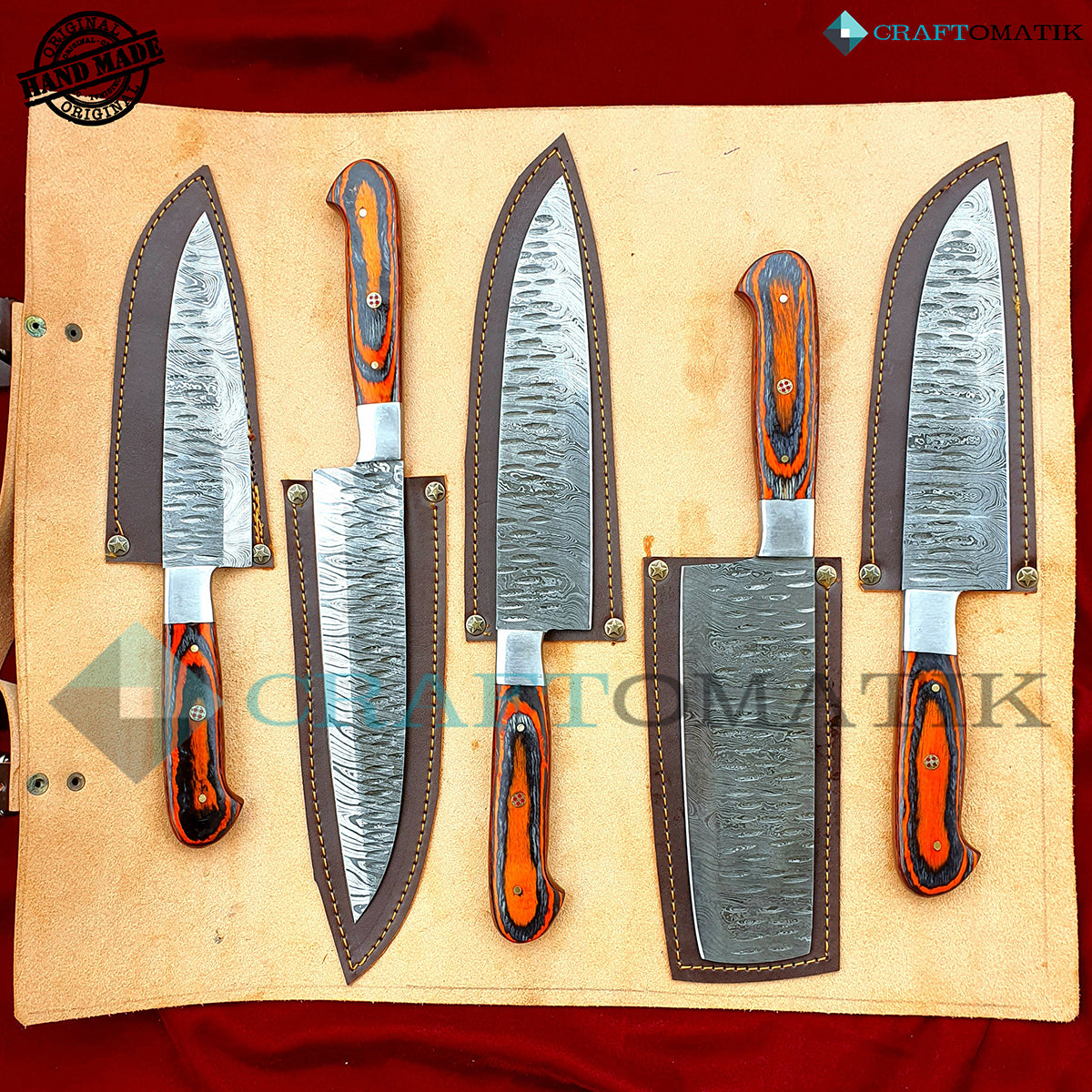 Damascus Chef Knife Set | Kitchen knives Set Camping Grill Cutlery Gift set with Leather Roll Bag | Damascus Steel 1095 + 15N20 | KK01