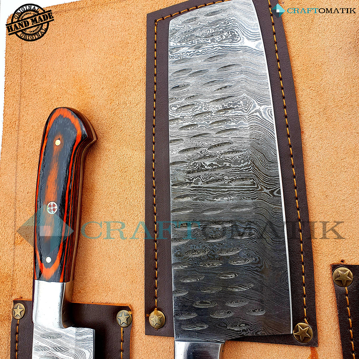 Damascus Chef Knife Set | Kitchen knives Set Camping Grill Cutlery Gift set with Leather Roll Bag | Damascus Steel 1095 + 15N20 | KK01