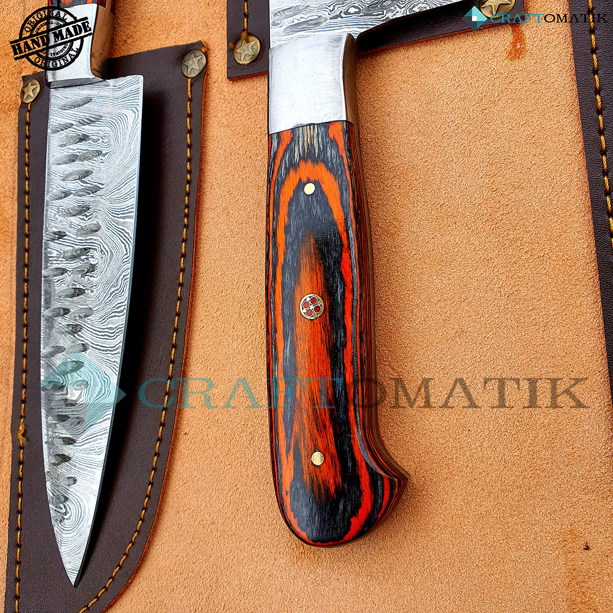 Damascus Chef Knife Set | Kitchen knives Set Camping Grill Cutlery Gift set with Leather Roll Bag | Damascus Steel 1095 + 15N20 | KK01