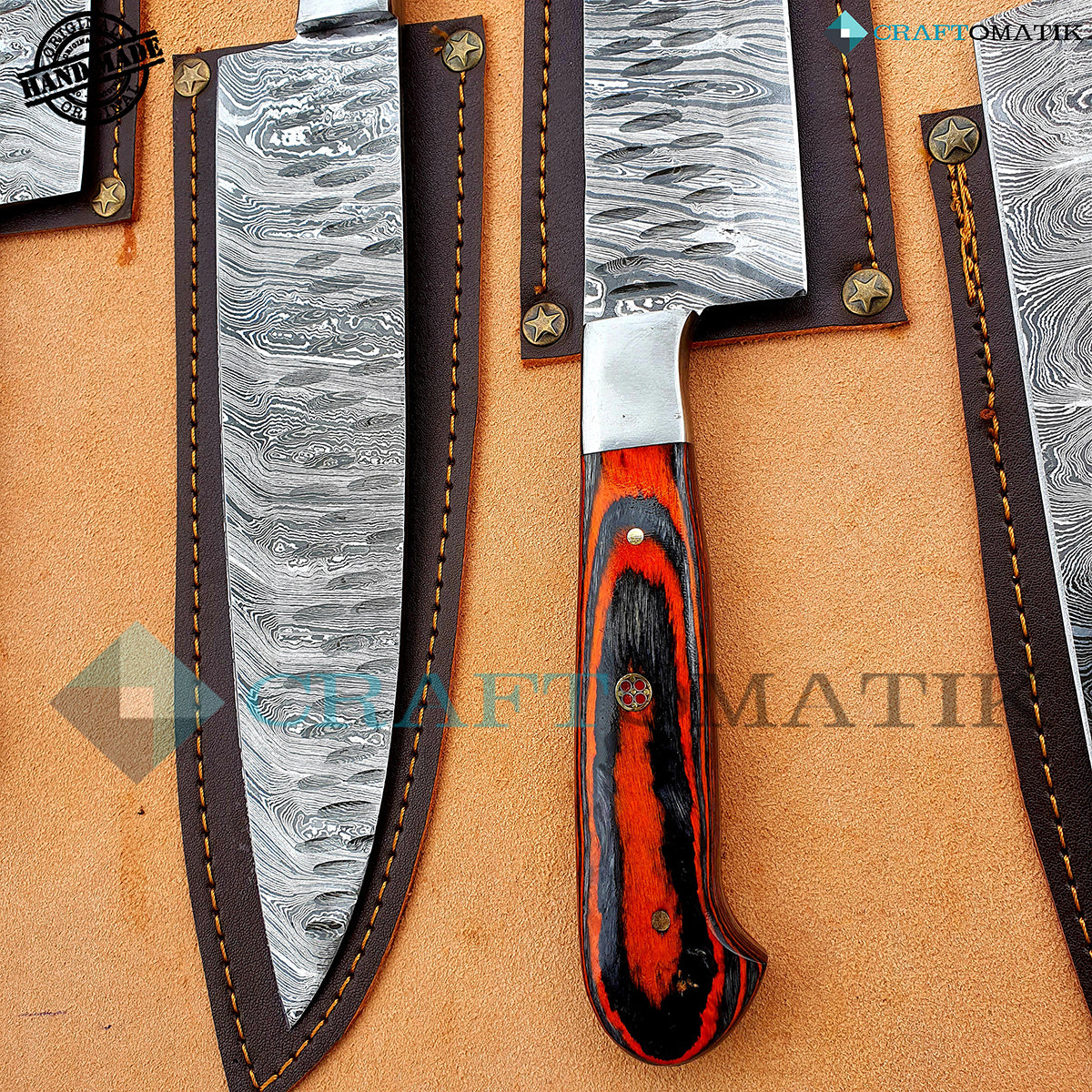 Damascus Chef Knife Set | Kitchen knives Set Camping Grill Cutlery Gift set with Leather Roll Bag | Damascus Steel 1095 + 15N20 | KK01