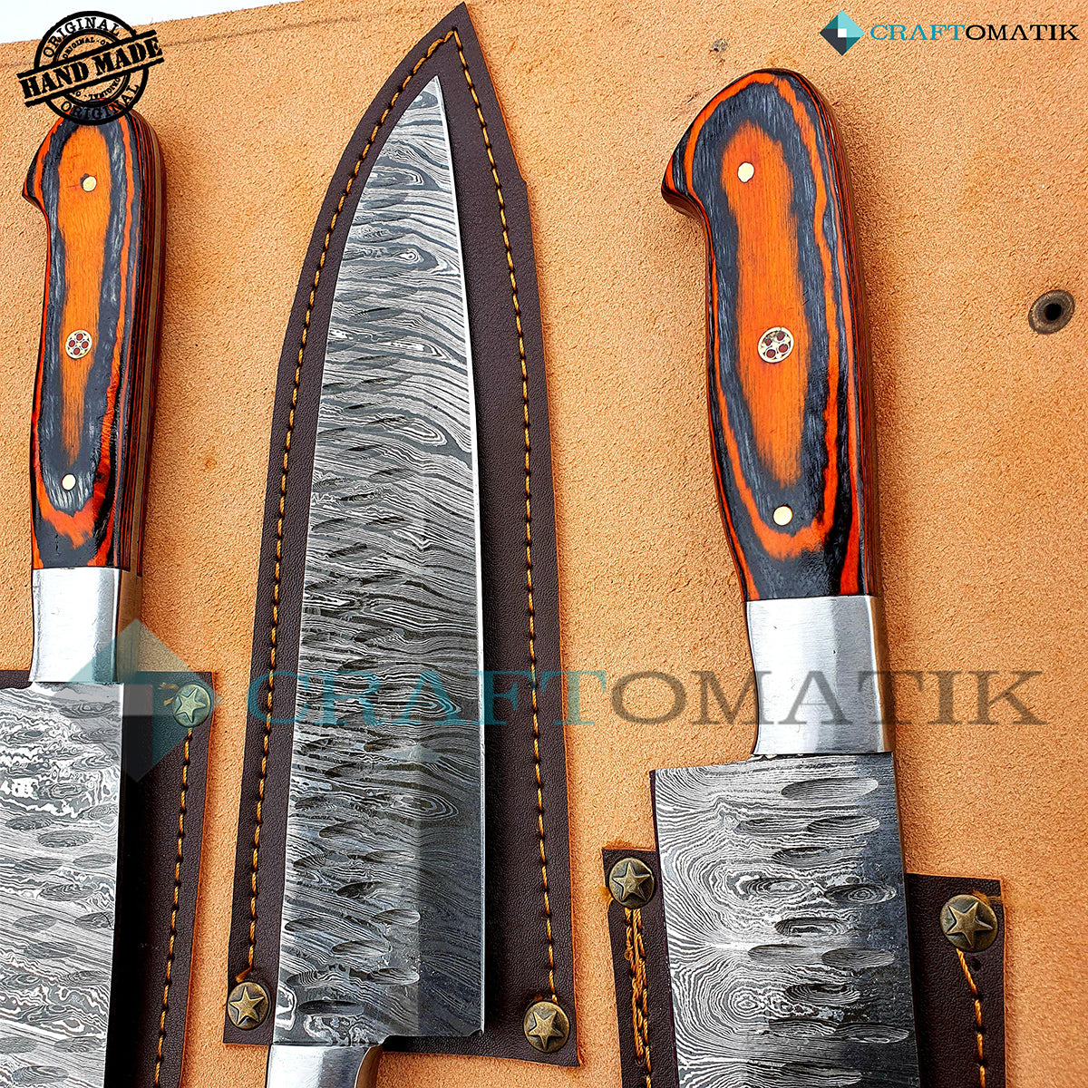Damascus Chef Knife Set | Kitchen knives Set Camping Grill Cutlery Gift set with Leather Roll Bag | Damascus Steel 1095 + 15N20 | KK01