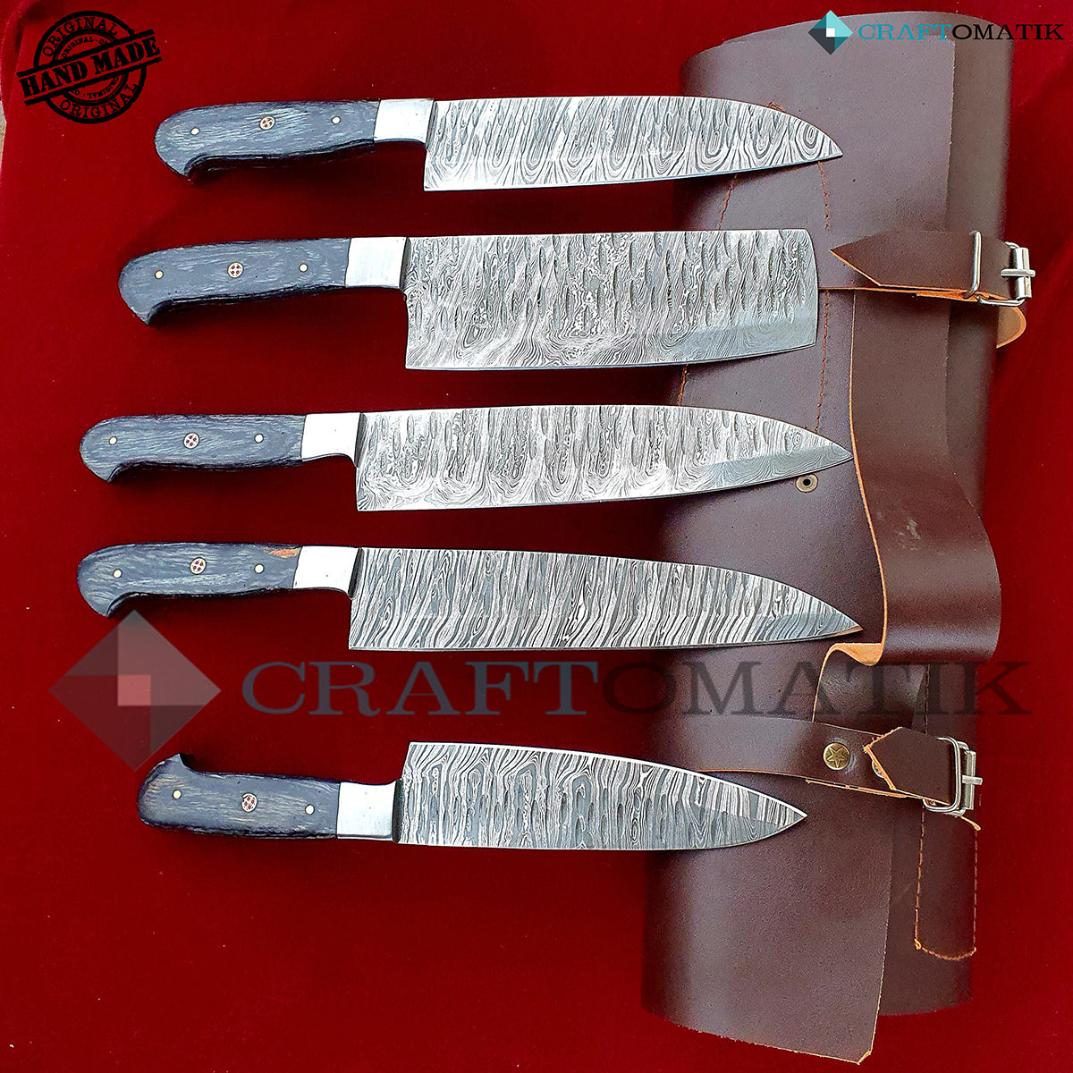 Damascus Chef Knife Set | Kitchen knives Set Camping Grill Cutlery Gift set with Leather Roll Bag | Damascus Steel 1095 + 15N20 | KK02