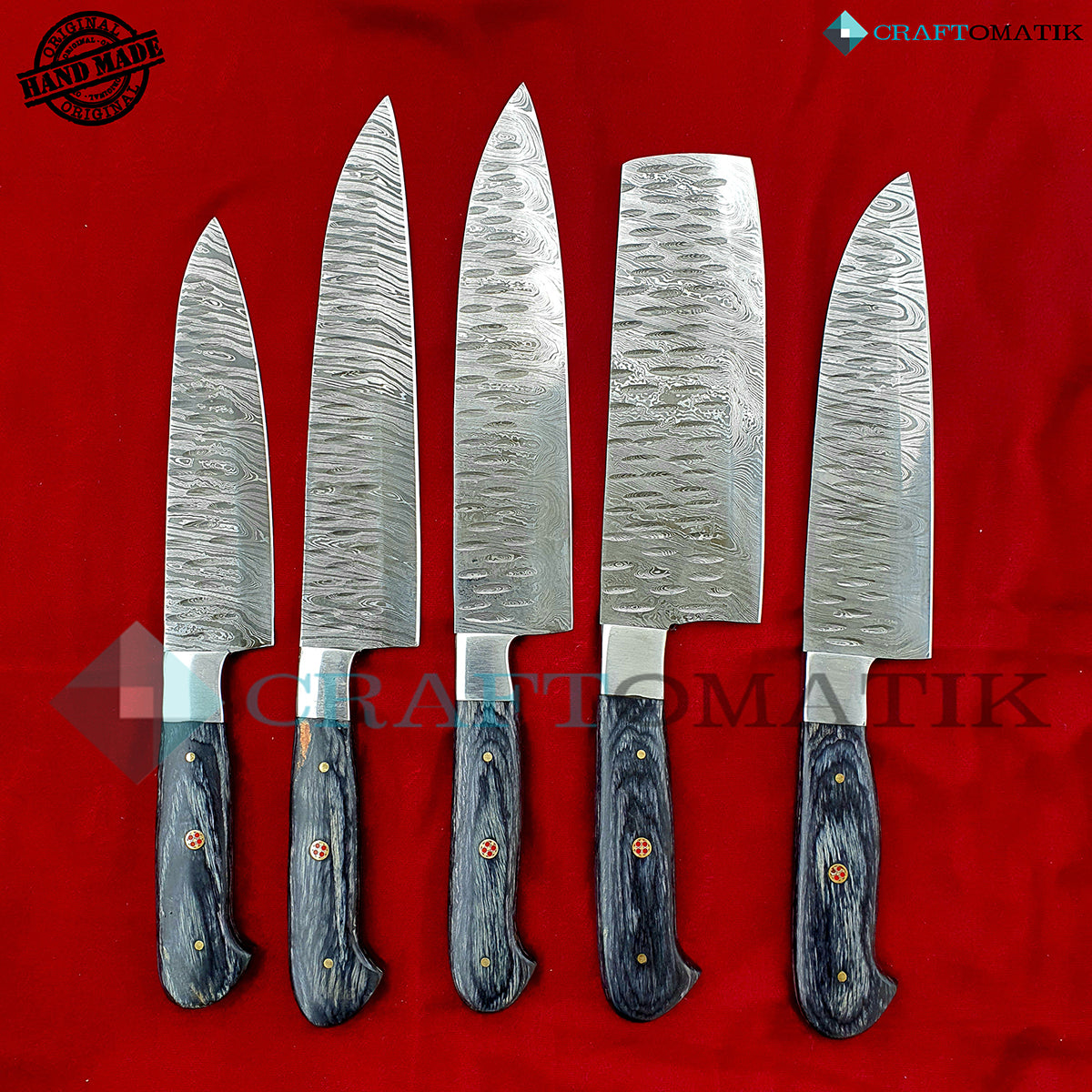 Damascus Chef Knife Set | Kitchen knives Set Camping Grill Cutlery Gift set with Leather Roll Bag | Damascus Steel 1095 + 15N20 | KK02