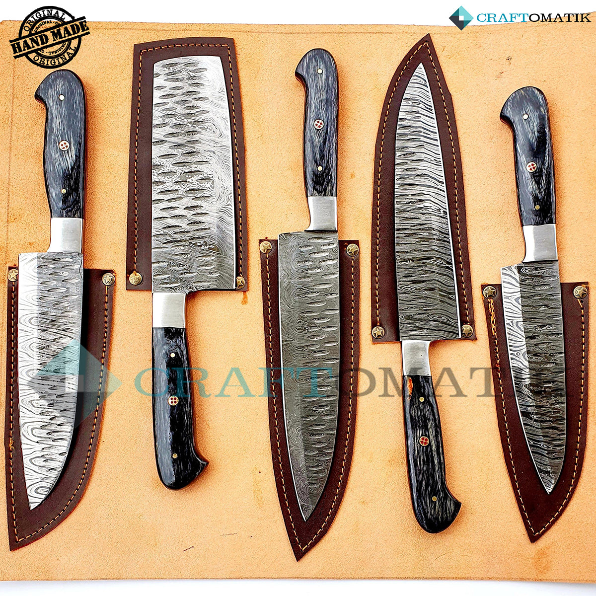 Damascus Chef Knife Set | Kitchen knives Set Camping Grill Cutlery Gift set with Leather Roll Bag | Damascus Steel 1095 + 15N20 | KK02