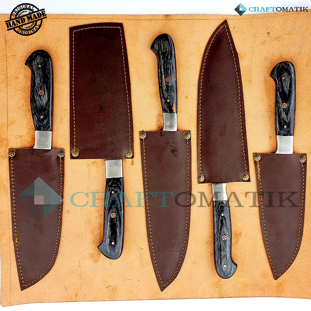 Damascus Chef Knife Set | Kitchen knives Set Camping Grill Cutlery Gift set with Leather Roll Bag | Damascus Steel 1095 + 15N20 | KK02