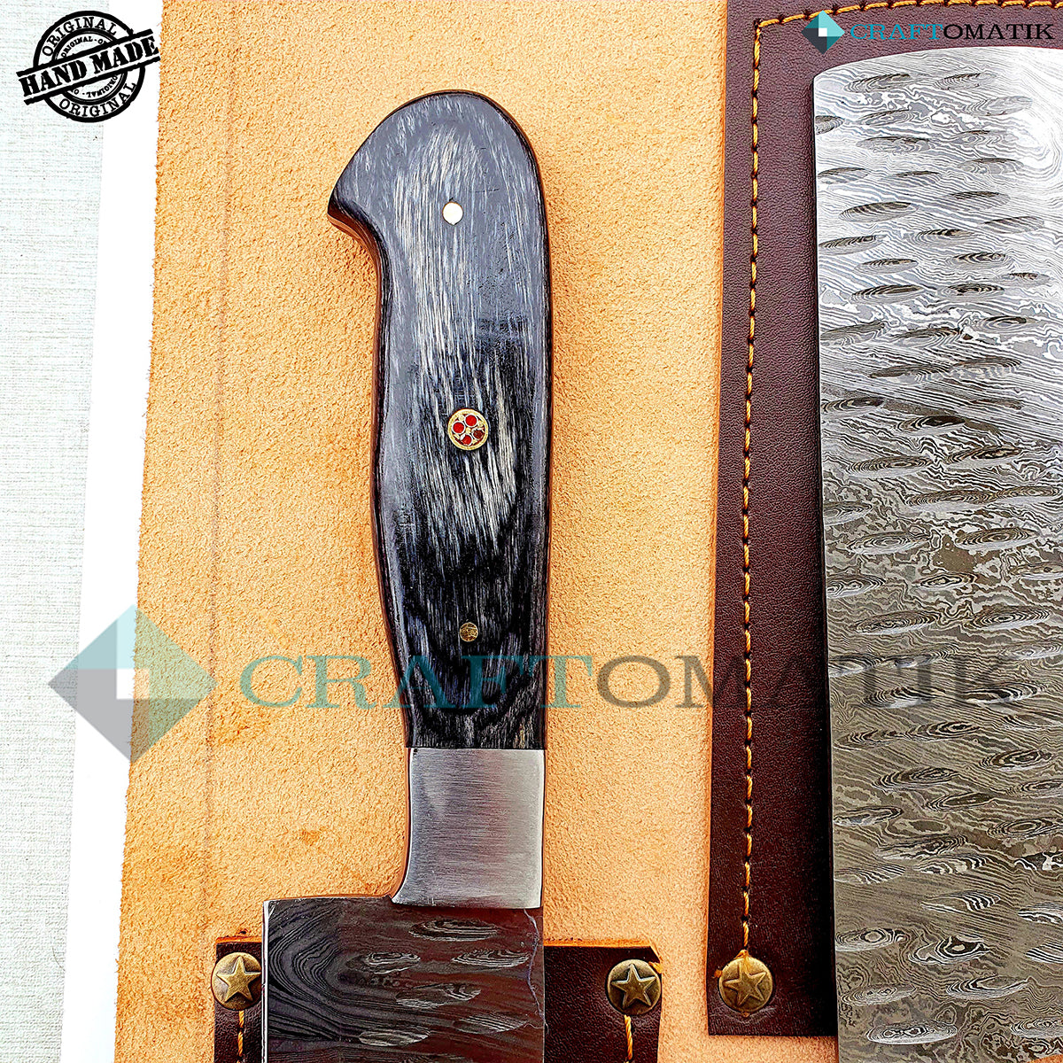Damascus Chef Knife Set | Kitchen knives Set Camping Grill Cutlery Gift set with Leather Roll Bag | Damascus Steel 1095 + 15N20 | KK02