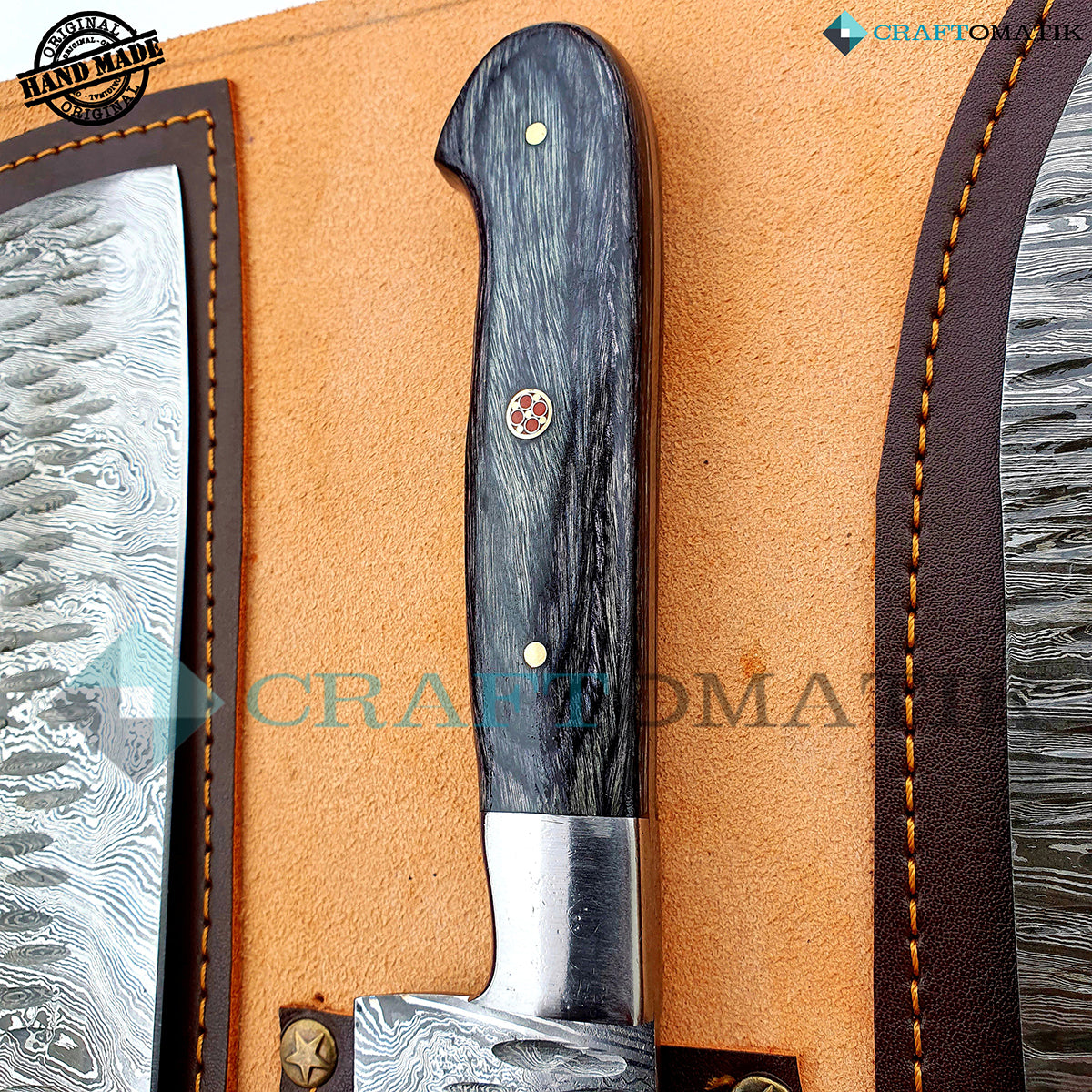 Damascus Chef Knife Set | Kitchen knives Set Camping Grill Cutlery Gift set with Leather Roll Bag | Damascus Steel 1095 + 15N20 | KK02