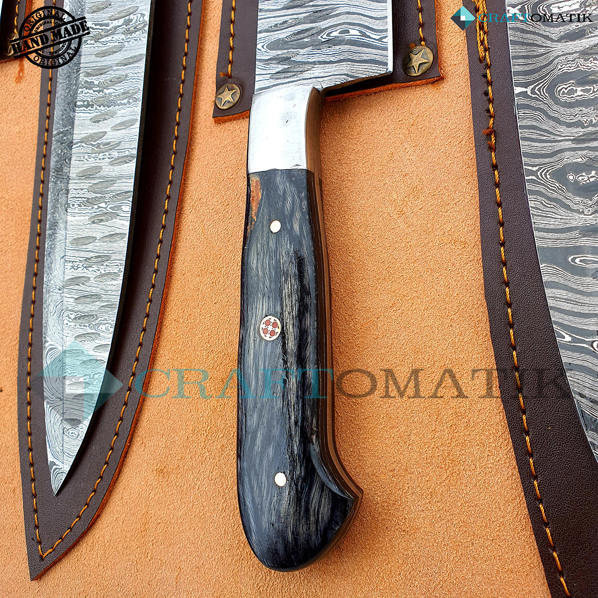 Damascus Chef Knife Set | Kitchen knives Set Camping Grill Cutlery Gift set with Leather Roll Bag | Damascus Steel 1095 + 15N20 | KK02