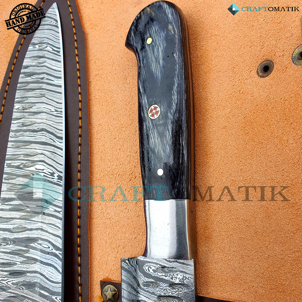 Damascus Chef Knife Set | Kitchen knives Set Camping Grill Cutlery Gift set with Leather Roll Bag | Damascus Steel 1095 + 15N20 | KK02