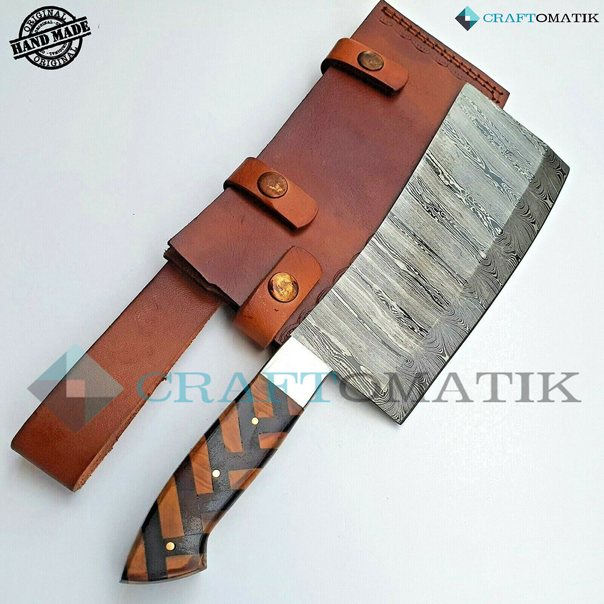 Damascus Steel Cleaver | Kitchen Chef Cleaver | Handmade Butcher Meat Cleaver | Olive and Pakka Wood | KC03