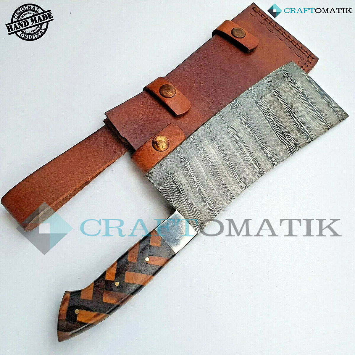 Damascus Steel Cleaver | Kitchen Chef Cleaver | Handmade Butcher Meat Cleaver | Olive and Pakka Wood | KC03