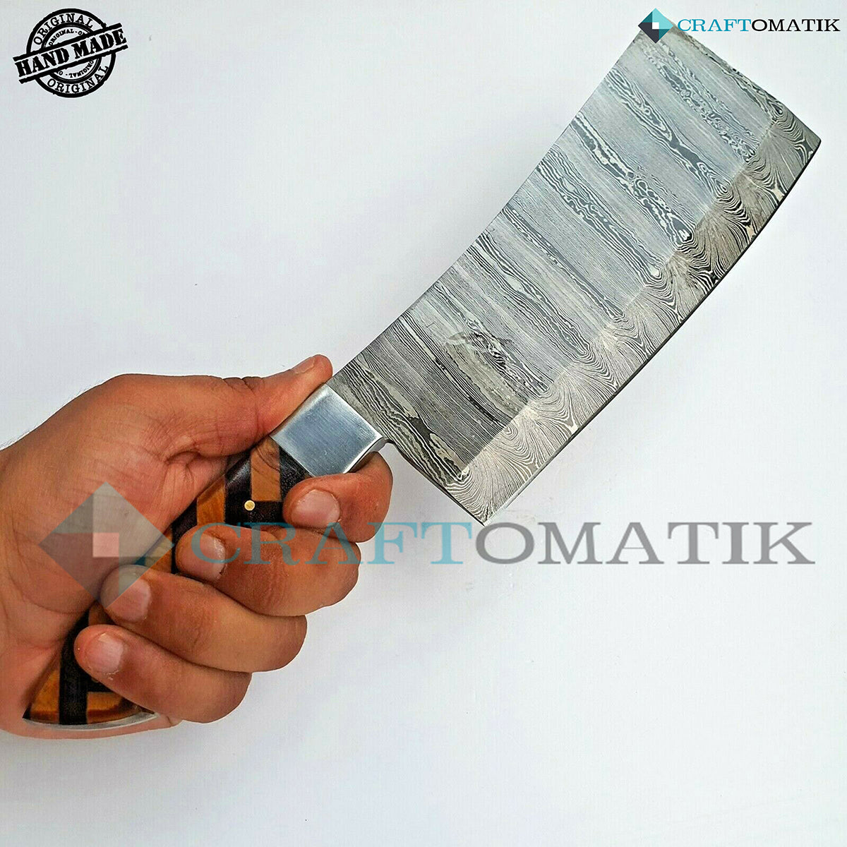 Damascus Steel Cleaver | Kitchen Chef Cleaver | Handmade Butcher Meat Cleaver | Olive and Pakka Wood | KC03