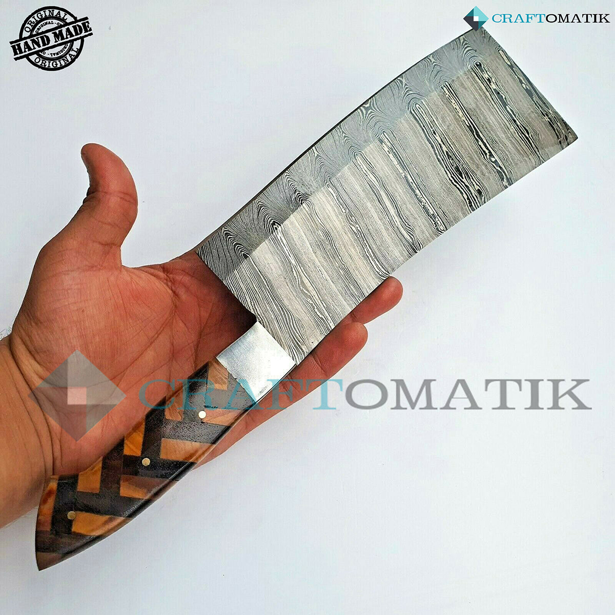 Damascus Steel Cleaver | Kitchen Chef Cleaver | Handmade Butcher Meat Cleaver | Olive and Pakka Wood | KC03
