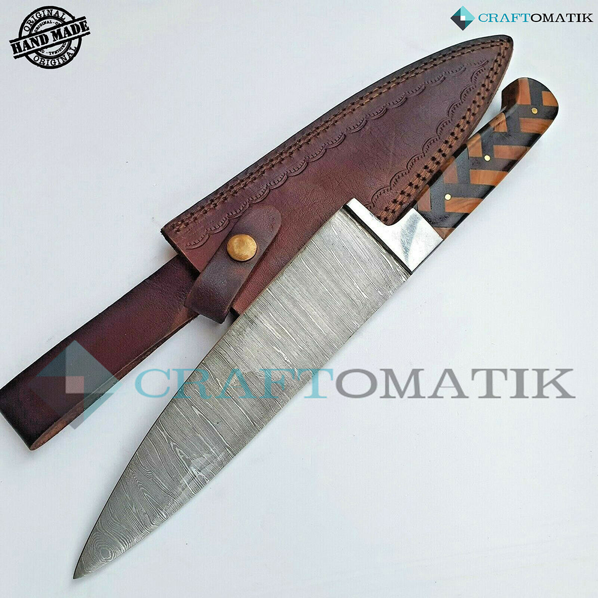 Damascus Chef Knife | Kitchen knife Camping Grill Cutlery Gift with Leather shealth | Olive and Pakka Wood, Damascus Steel | KK04