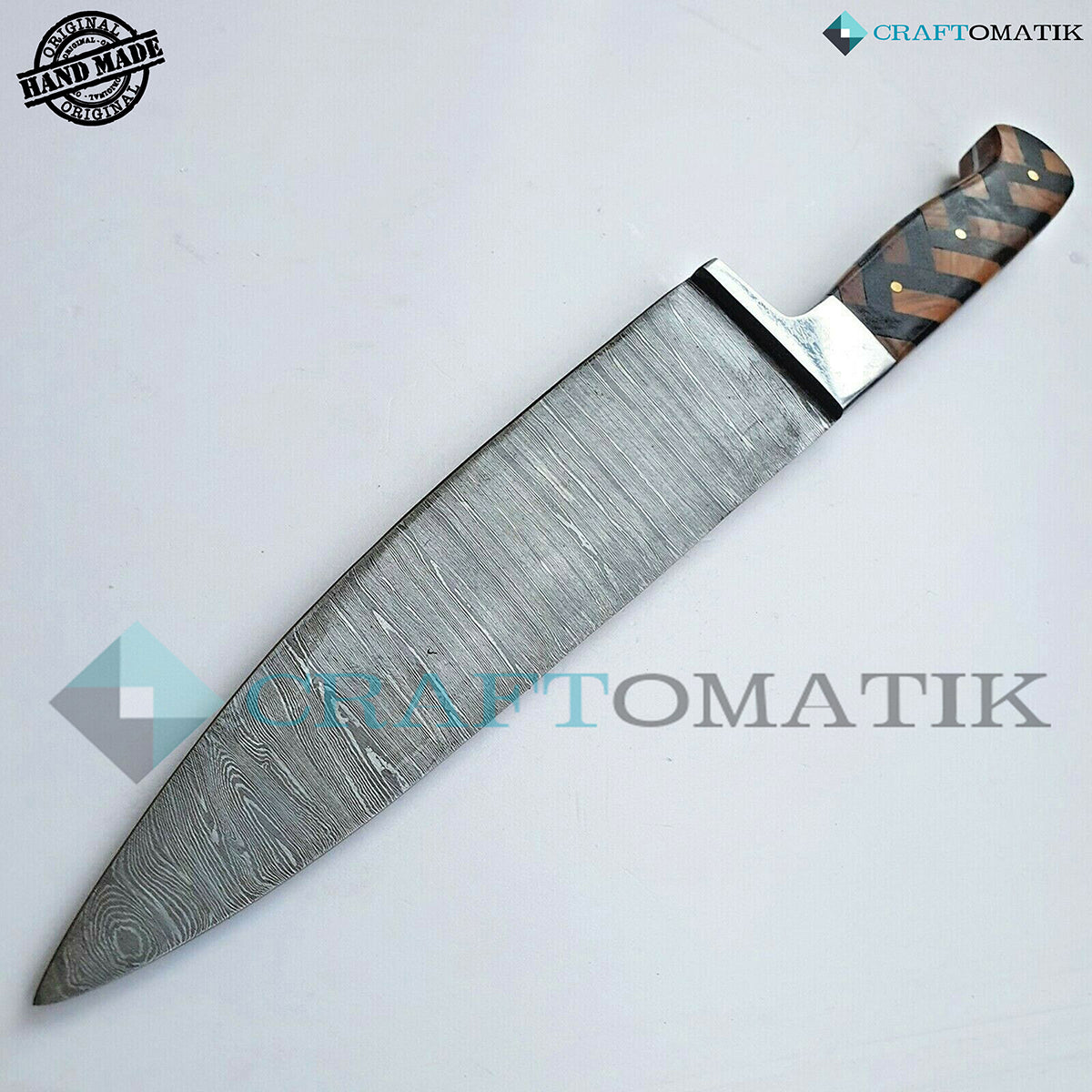 Damascus Chef Knife | Kitchen knife Camping Grill Cutlery Gift with Leather shealth | Olive and Pakka Wood, Damascus Steel | KK04