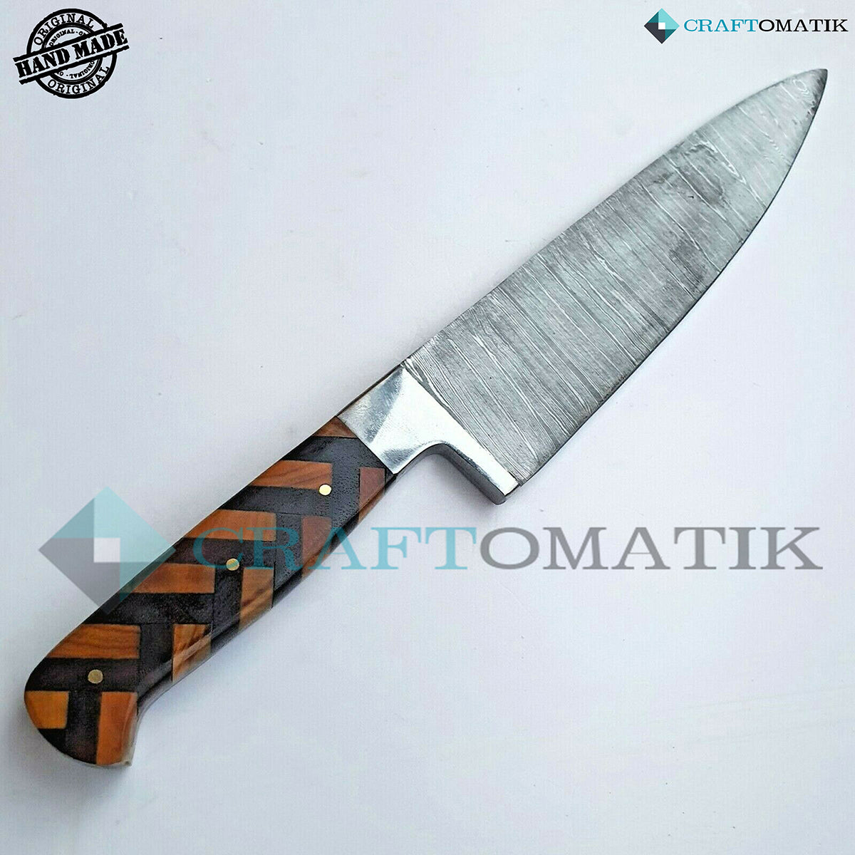 Damascus Chef Knife | Kitchen knife Camping Grill Cutlery Gift with Leather shealth | Olive and Pakka Wood, Damascus Steel | KK04