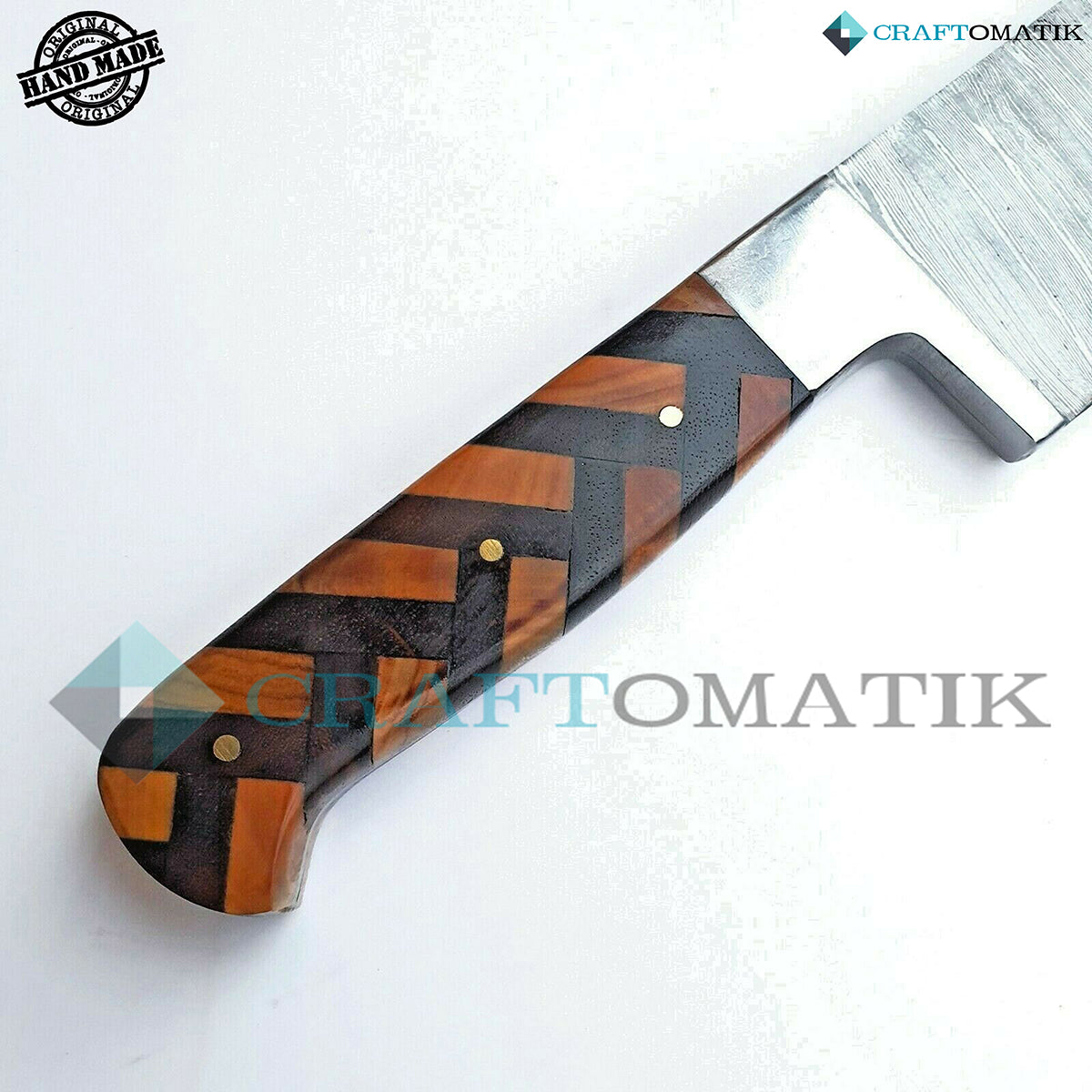 Damascus Chef Knife | Kitchen knife Camping Grill Cutlery Gift with Leather shealth | Olive and Pakka Wood, Damascus Steel | KK04