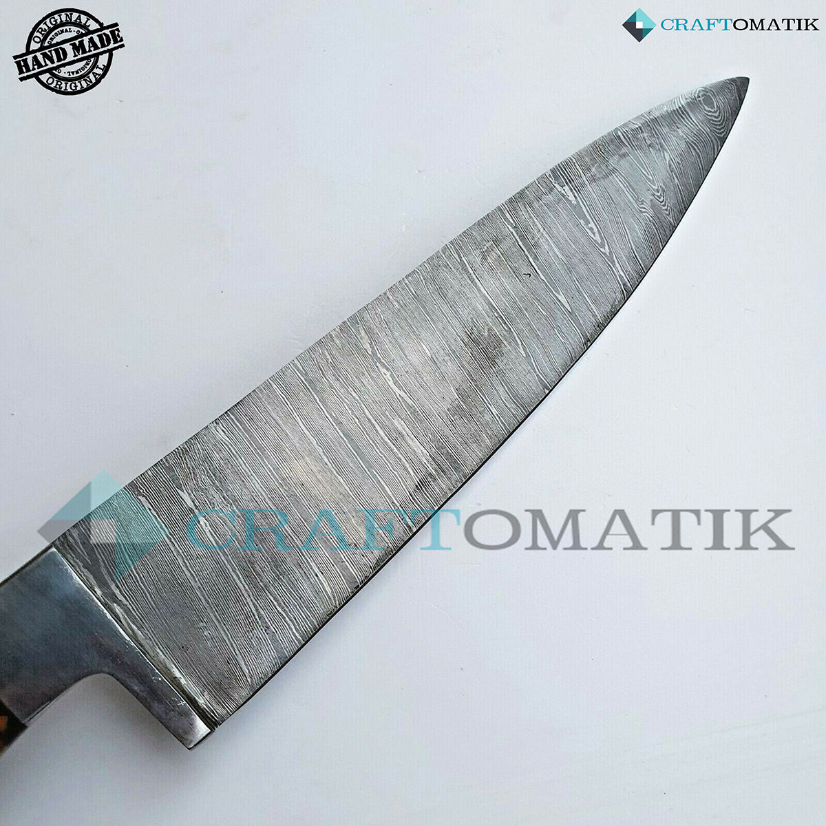 Damascus Chef Knife | Kitchen knife Camping Grill Cutlery Gift with Leather shealth | Olive and Pakka Wood, Damascus Steel | KK04