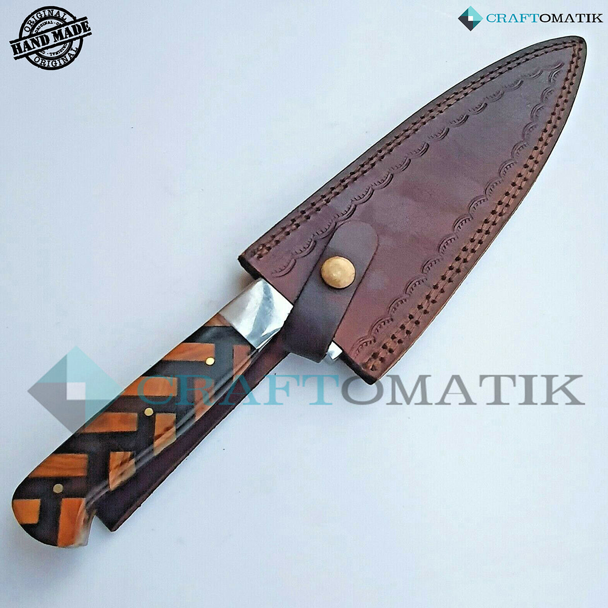 Damascus Chef Knife | Kitchen knife Camping Grill Cutlery Gift with Leather shealth | Olive and Pakka Wood, Damascus Steel | KK04