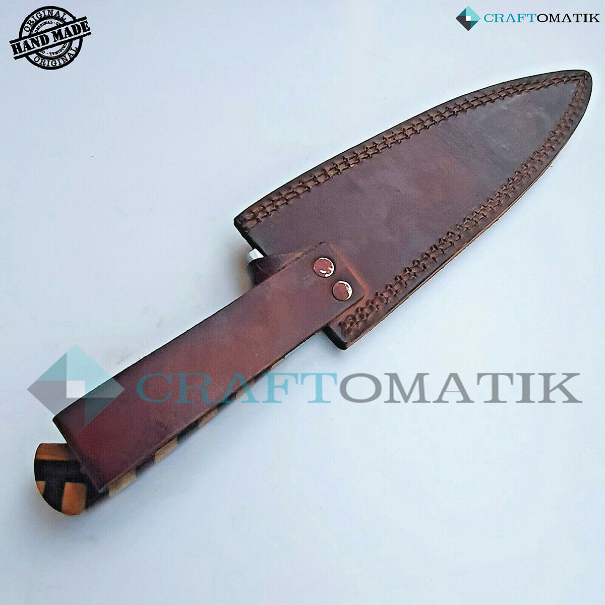 Damascus Chef Knife | Kitchen knife Camping Grill Cutlery Gift with Leather shealth | Olive and Pakka Wood, Damascus Steel | KK04