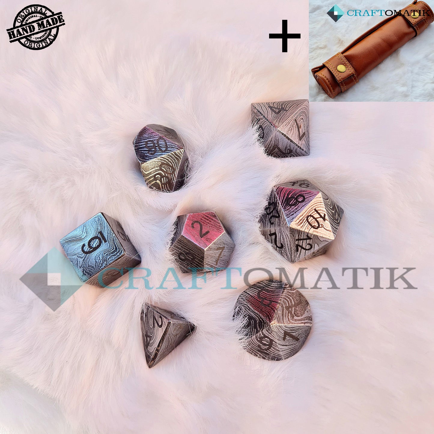 DnD Damascus Dice Set | 7 pcs. Handmade Damascus steel Gift Set | MTG RPG D&D Dice | Ledertasche mit Spielmatte