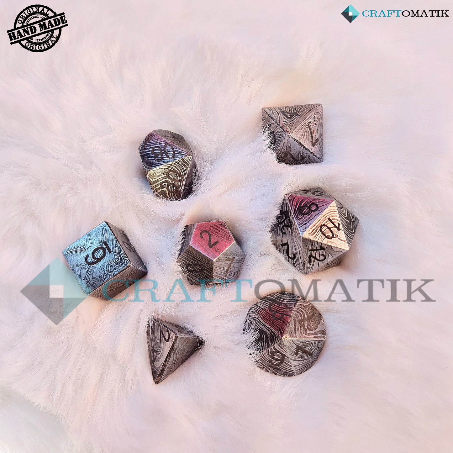 DnD Damascus Dice Set | 7 pcs. Handmade Damascus steel Gift Set | MTG RPG D&D Dice | Ledertasche mit Spielmatte
