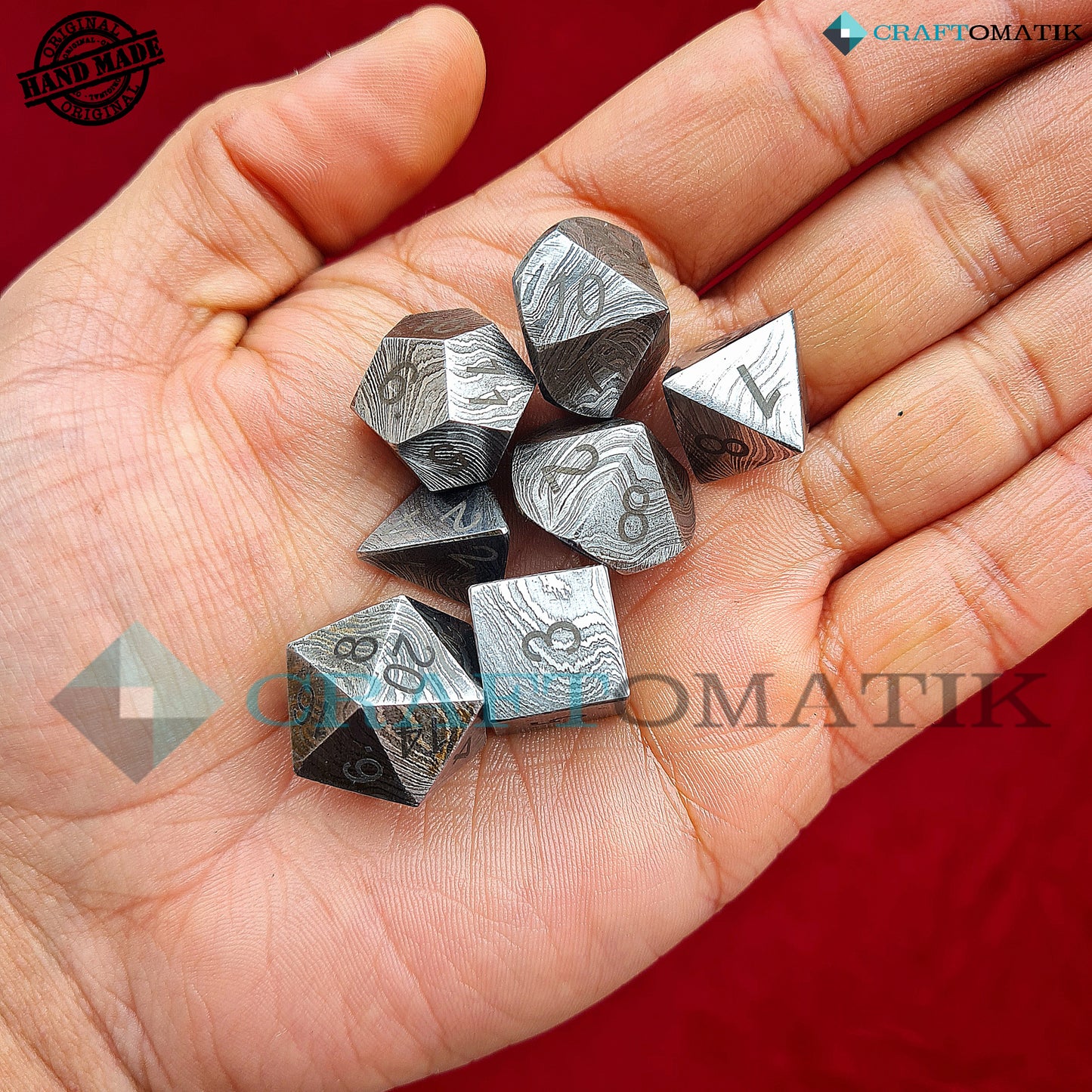 DnD Damascus Dice Set | 7 pcs. Handmade Damascus steel Gift Set | MTG RPG D&D Dice | Ledertasche mit Spielmatte