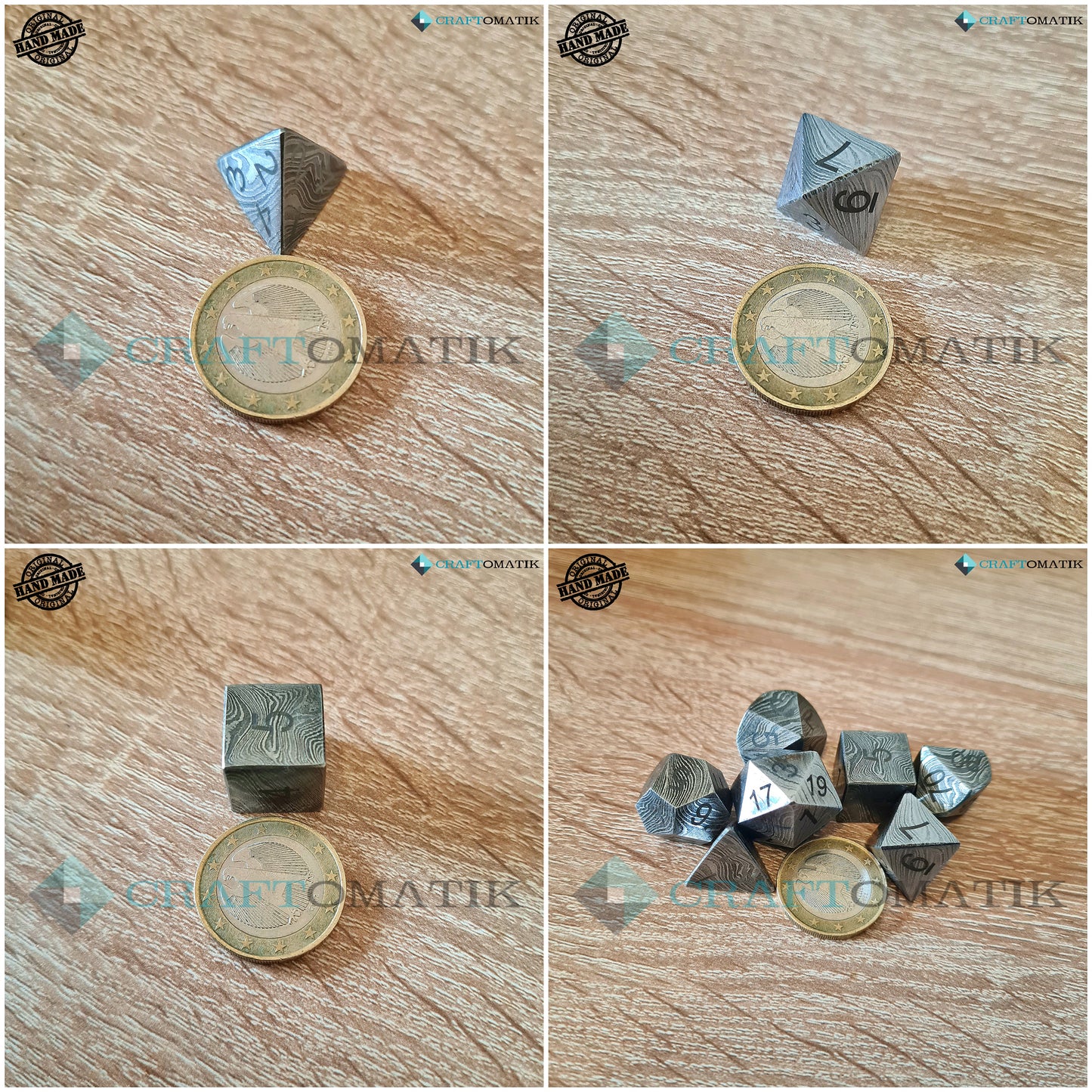 DnD Damascus Dice Set | 7 pcs. Handmade Damascus steel Gift Set | MTG RPG D&D Dice | Ledertasche mit Spielmatte