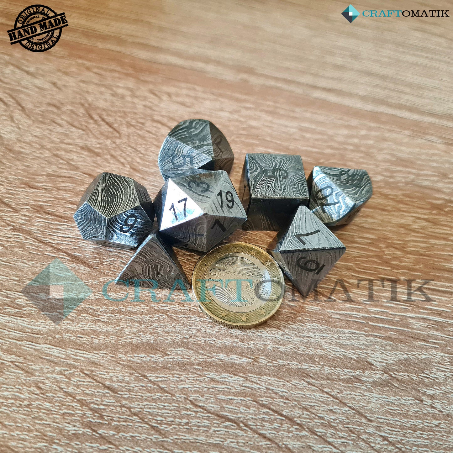 DnD Damascus Dice Set | 7 pcs. Handmade Damascus steel Gift Set | MTG RPG D&D Dice | Ledertasche mit Spielmatte