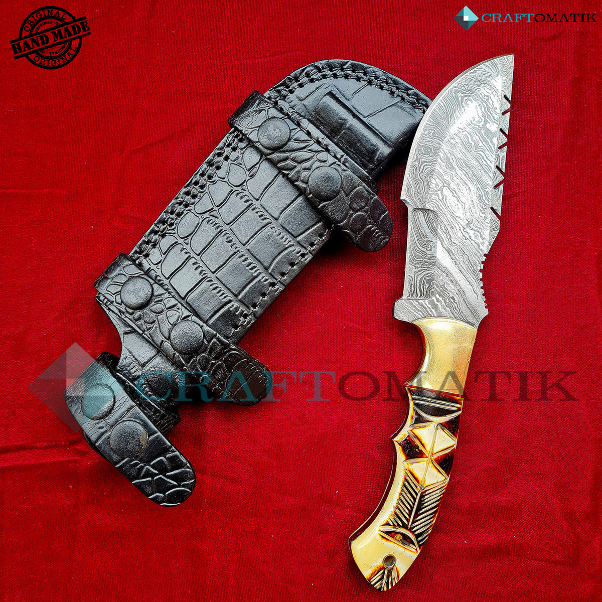 Damast Trekker Messer - Camel