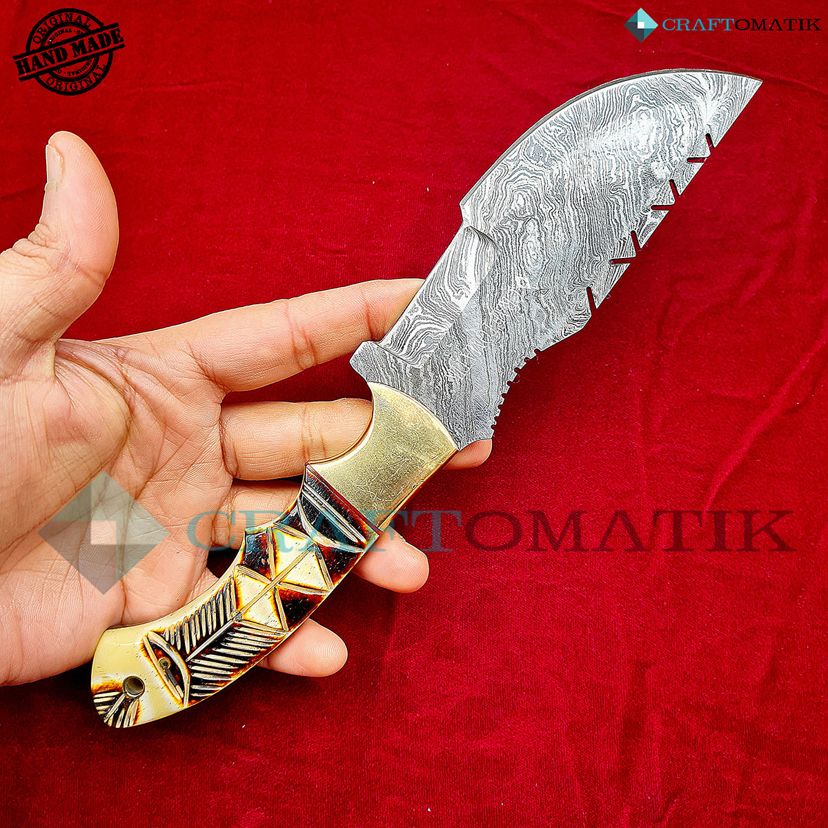 Damast Trekker Messer - Camel
