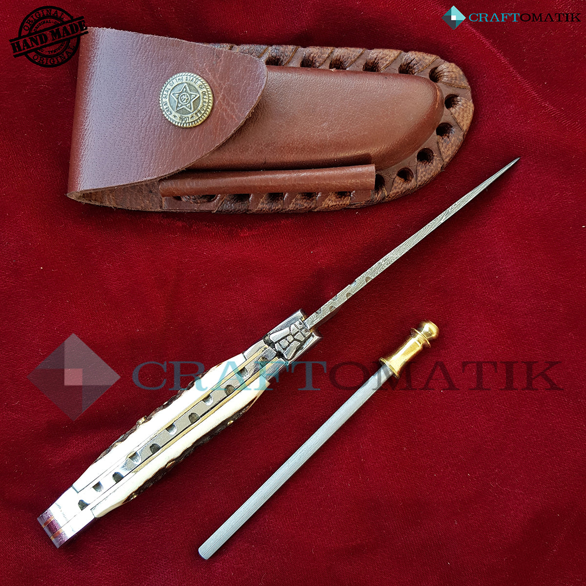 Laguiole Damascus Folding Knife | Pocket Knife Jack Knife | Deer Stag, Steel, Brass Pins Grip| Handmade Damascus Outdoor Camping Knife | FK03