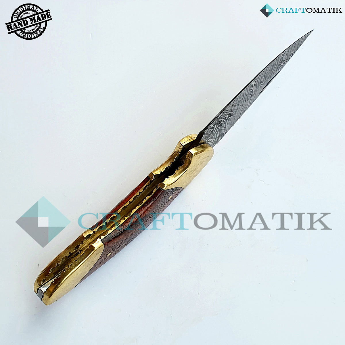 Damascus Folding Knife | Pocket Knife Jack Knife | Rose Wood, Steel, Brass Grip | Handmade Damascus Outdoor Camping Knife | FK09