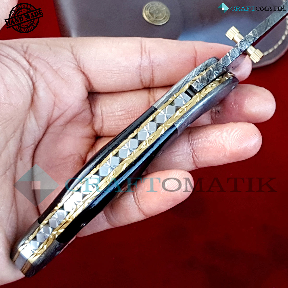 Damascus Folding Knife | Pocket Knife Jack Knife | Buffalo Horn, Damascus Steel, Mosaic Pin Grip | Handmade Damascus Outdoor Camping Knife | FK29