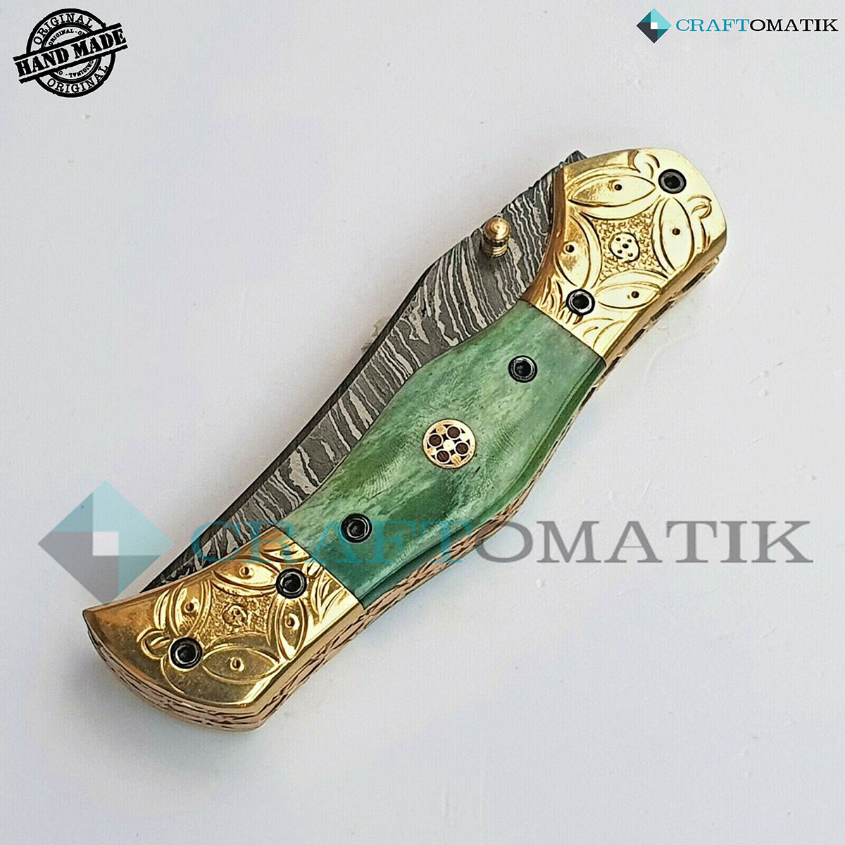 Persian Damascus Folding Knife | Pocket Knife Jack Knife | Camel Bone, Brass, Mosaic Pin Grip | Handmade Damascus Outdoor Camping Knife | FK37