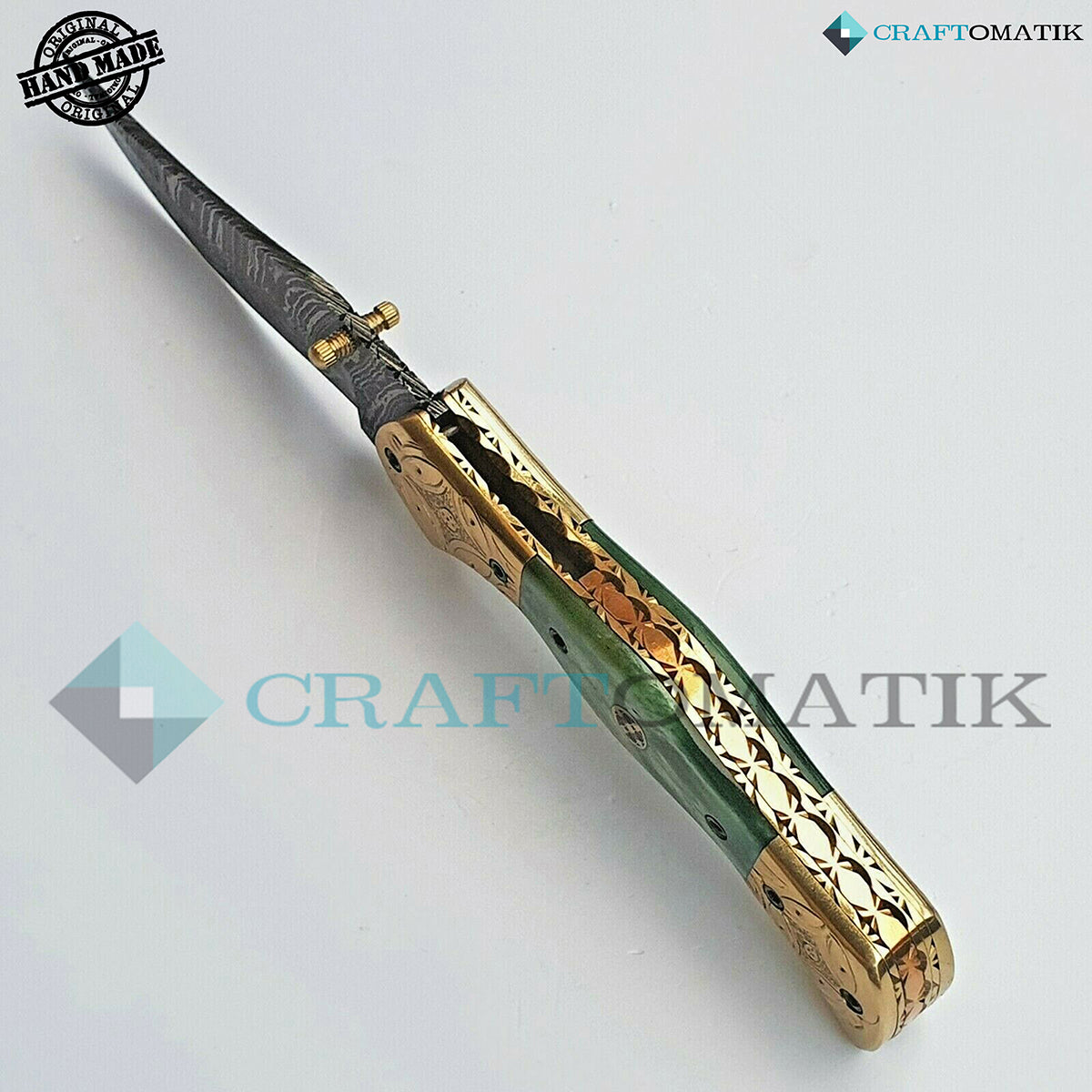Persian Damascus Folding Knife | Pocket Knife Jack Knife | Camel Bone, Brass, Mosaic Pin Grip | Handmade Damascus Outdoor Camping Knife | FK37