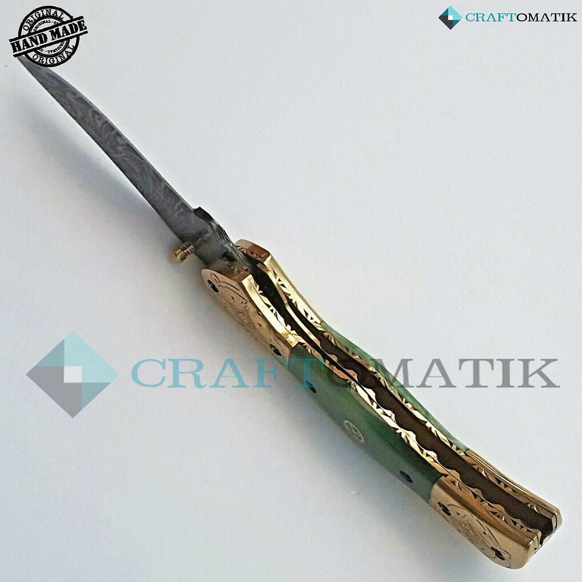 Persian Damascus Folding Knife | Pocket Knife Jack Knife | Camel Bone, Brass, Mosaic Pin Grip | Handmade Damascus Outdoor Camping Knife | FK37