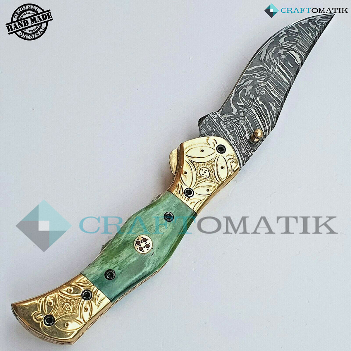 Persian Damascus Folding Knife | Pocket Knife Jack Knife | Camel Bone, Brass, Mosaic Pin Grip | Handmade Damascus Outdoor Camping Knife | FK37