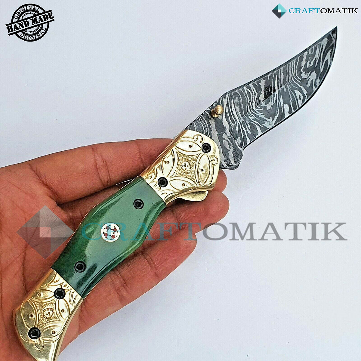 Persian Damascus Folding Knife | Pocket Knife Jack Knife | Camel Bone, Brass, Mosaic Pin Grip | Handmade Damascus Outdoor Camping Knife | FK37