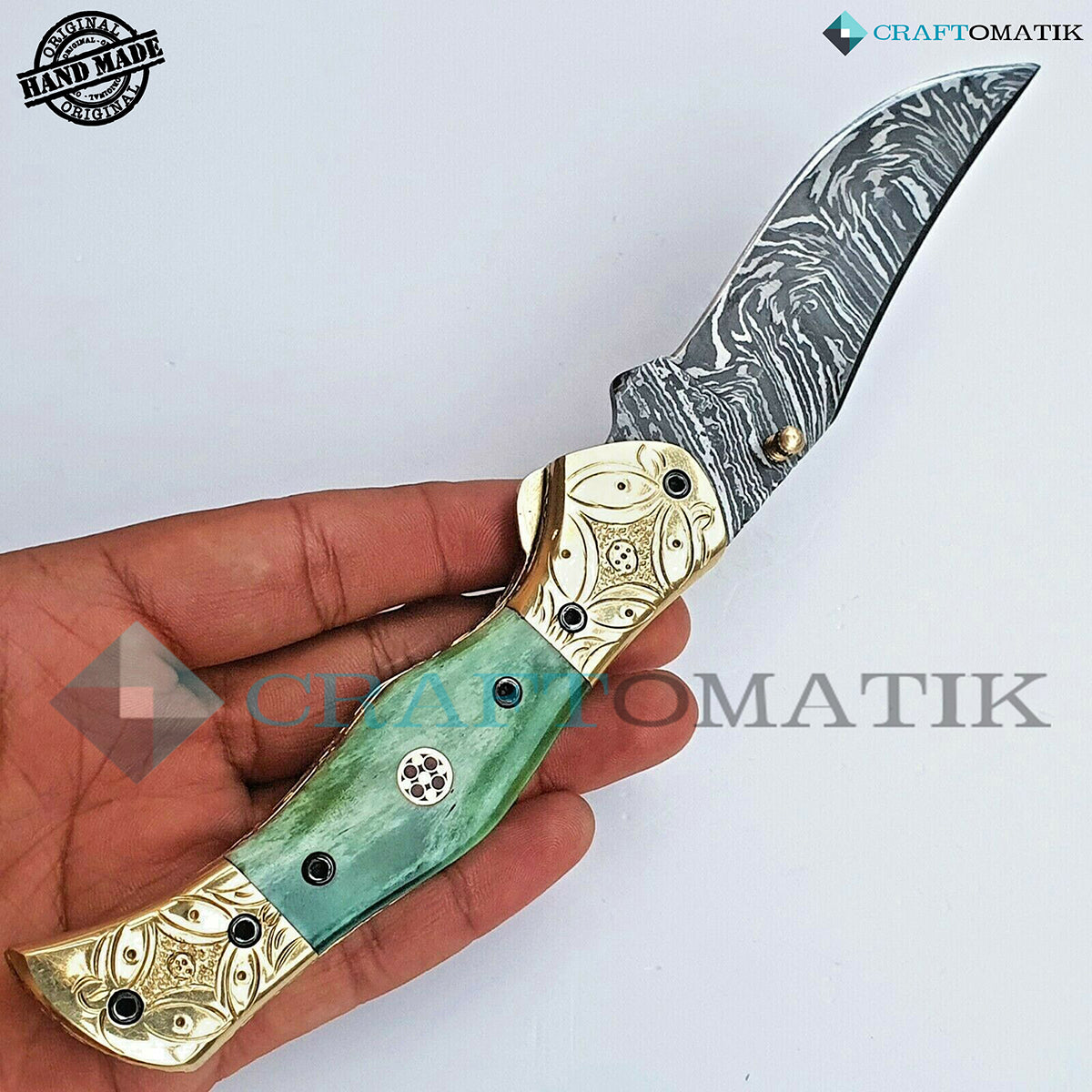 Persian Damascus Folding Knife | Pocket Knife Jack Knife | Camel Bone, Brass, Mosaic Pin Grip | Handmade Damascus Outdoor Camping Knife | FK37