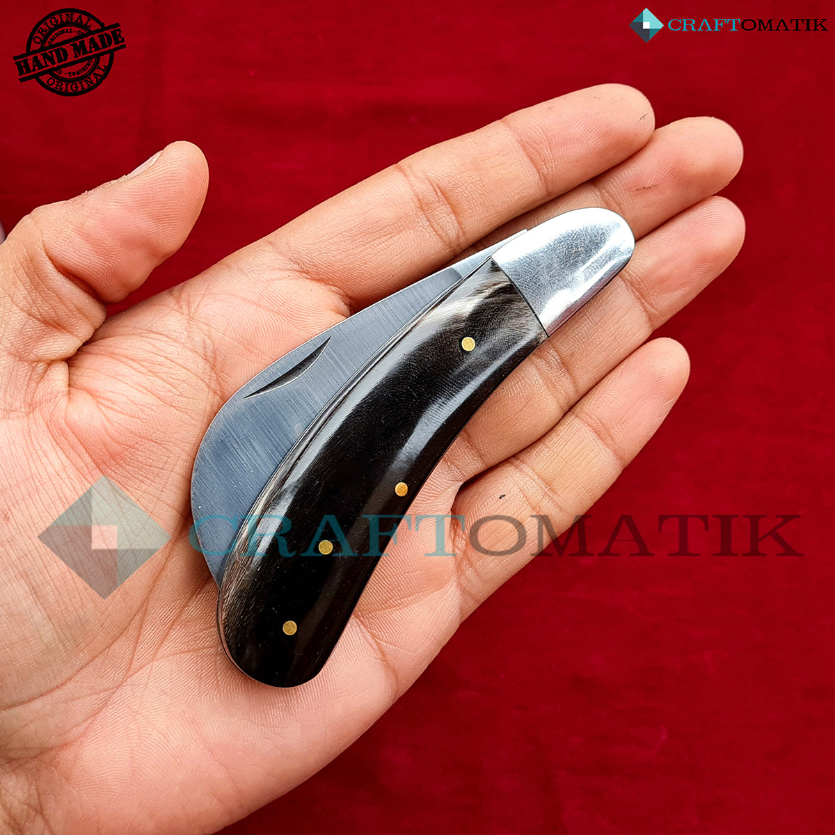 Steel Folding Knife | Pocket Knife Jack Knife | Curve Stainless Steel Blade | Buffalo Horn Grip | Handmade Outdoor Camping Knife | FK53
