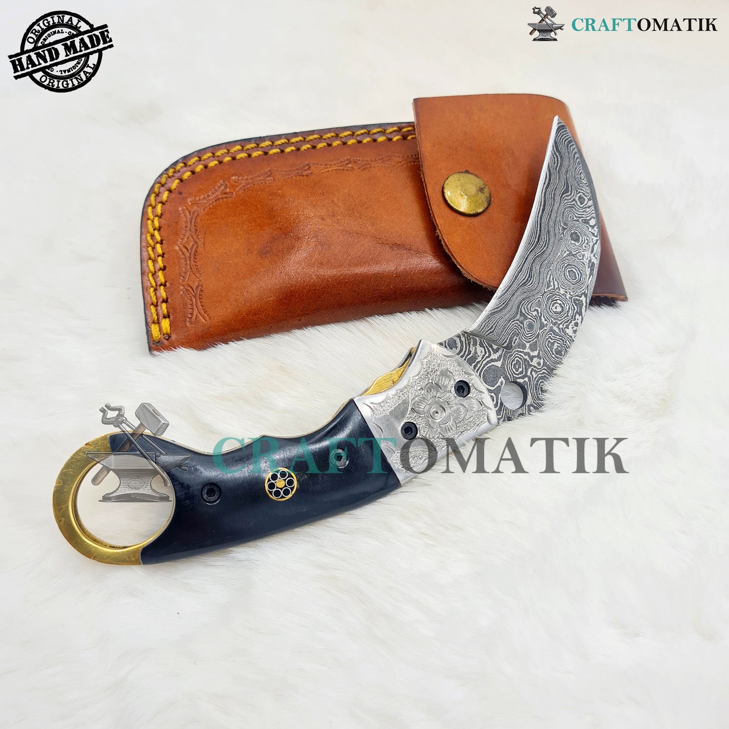 Damascus Folding Knife | Pocket Knife Jack Knife | Curve Crow shape Blade | Buffalo Horn, Brass, Mosaic Pin Grip | Handmade Damascus Outdoor Camping Knife | FK54