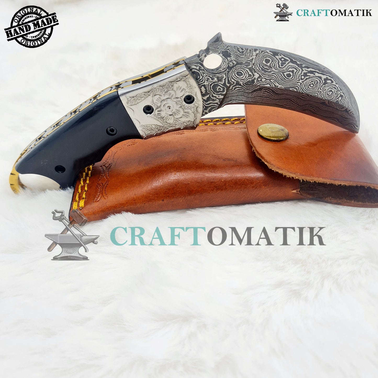 Damascus Folding Knife | Pocket Knife Jack Knife | Curve Crow shape Blade | Buffalo Horn, Brass, Mosaic Pin Grip | Handmade Damascus Outdoor Camping Knife | FK54
