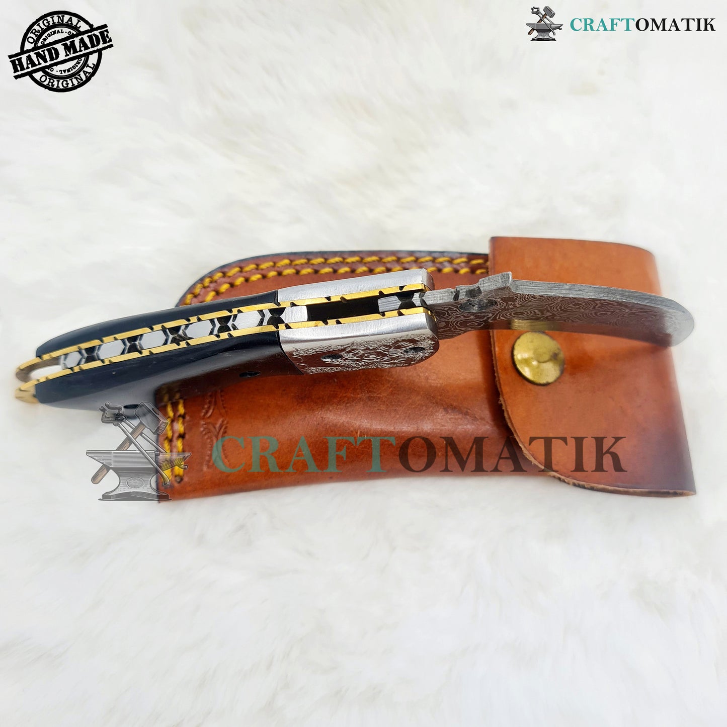 Damascus Folding Knife | Pocket Knife Jack Knife | Curve Crow shape Blade | Buffalo Horn, Brass, Mosaic Pin Grip | Handmade Damascus Outdoor Camping Knife | FK54