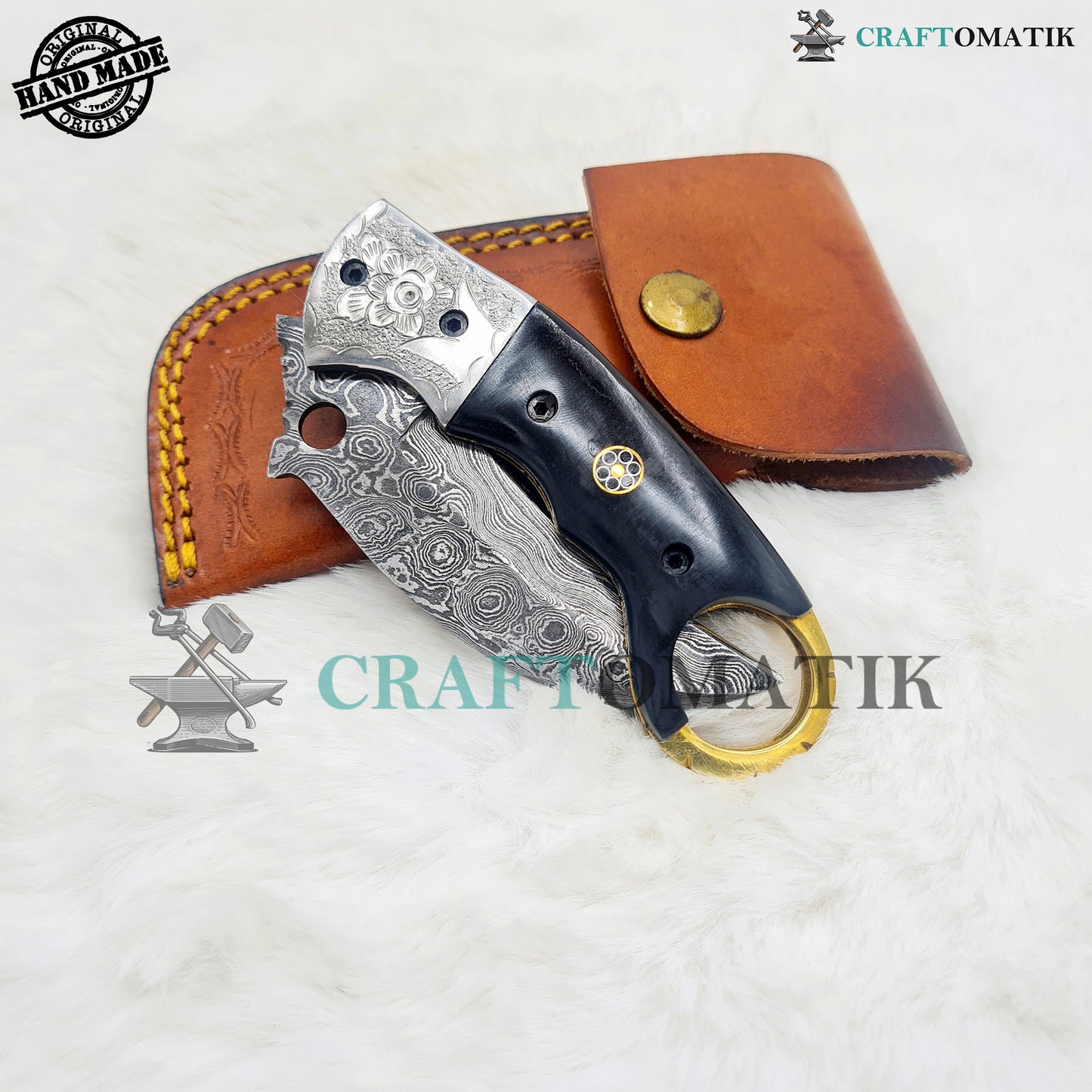 Damascus Folding Knife | Pocket Knife Jack Knife | Curve Crow shape Blade | Buffalo Horn, Brass, Mosaic Pin Grip | Handmade Damascus Outdoor Camping Knife | FK54