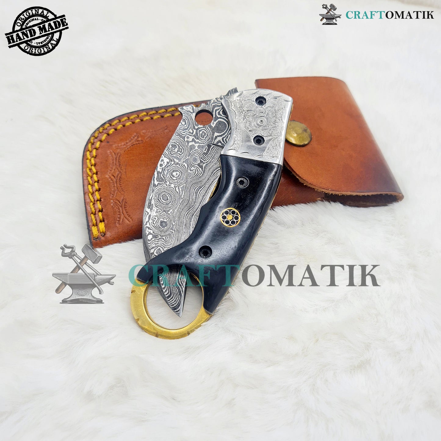 Damascus Folding Knife | Pocket Knife Jack Knife | Curve Crow shape Blade | Buffalo Horn, Brass, Mosaic Pin Grip | Handmade Damascus Outdoor Camping Knife | FK54