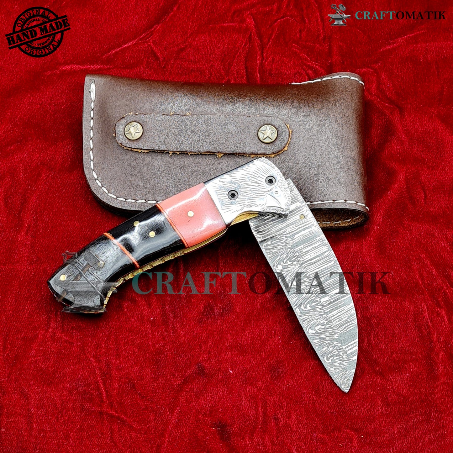 Eagle Damascus Folding Knife | Pocket Knife Jack Knife | Engraved Steel, Camel Bone, Buffalo Horn, Ram Horn, Brass Pins Grip | Handmade Damascus Outdoor Camping Knife | FK58