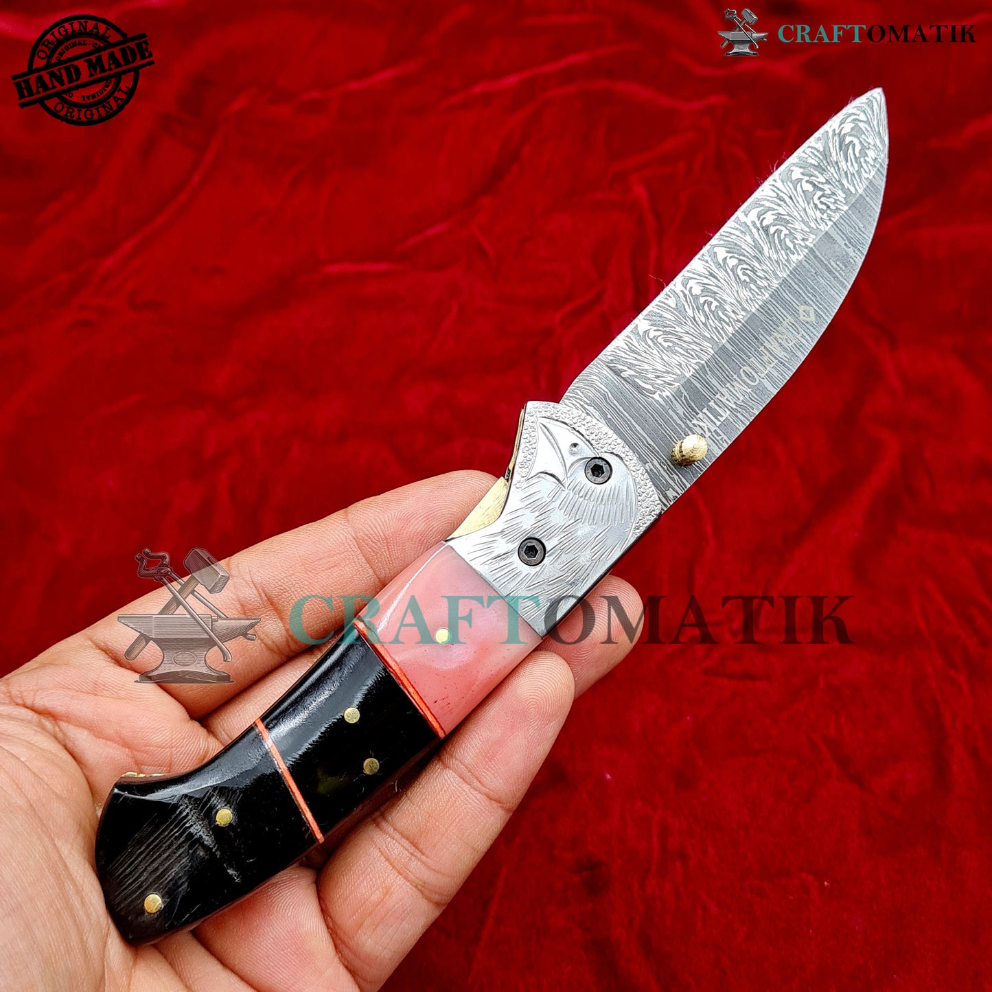 Eagle Damascus Folding Knife | Pocket Knife Jack Knife | Engraved Steel, Camel Bone, Buffalo Horn, Ram Horn, Brass Pins Grip | Handmade Damascus Outdoor Camping Knife | FK58